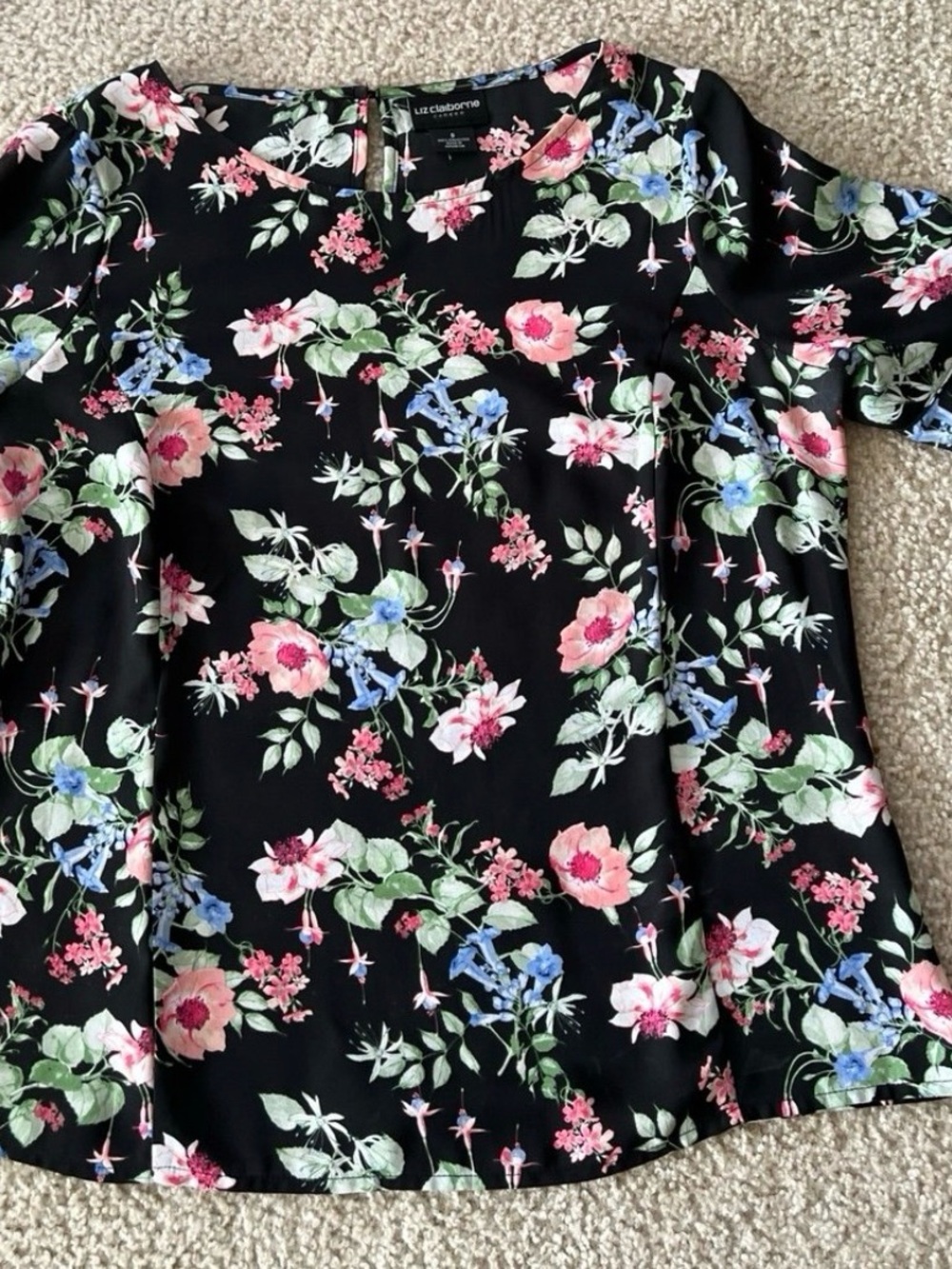 Liz Claiborne Black Floral Scoop Neck Blouse with Pink, Blue & Green Accents